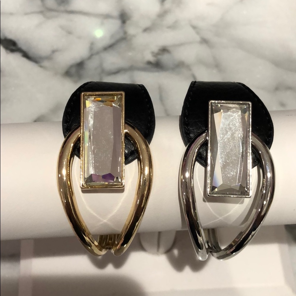 Leather Bracelet w/Rectangular Crystal Gold or Silver-Boutique